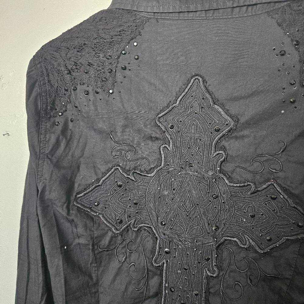 Affliction Black Premium Women's XL Long Sleeve Button Up Shirt Cross Embroidery - Picture 7 of 8